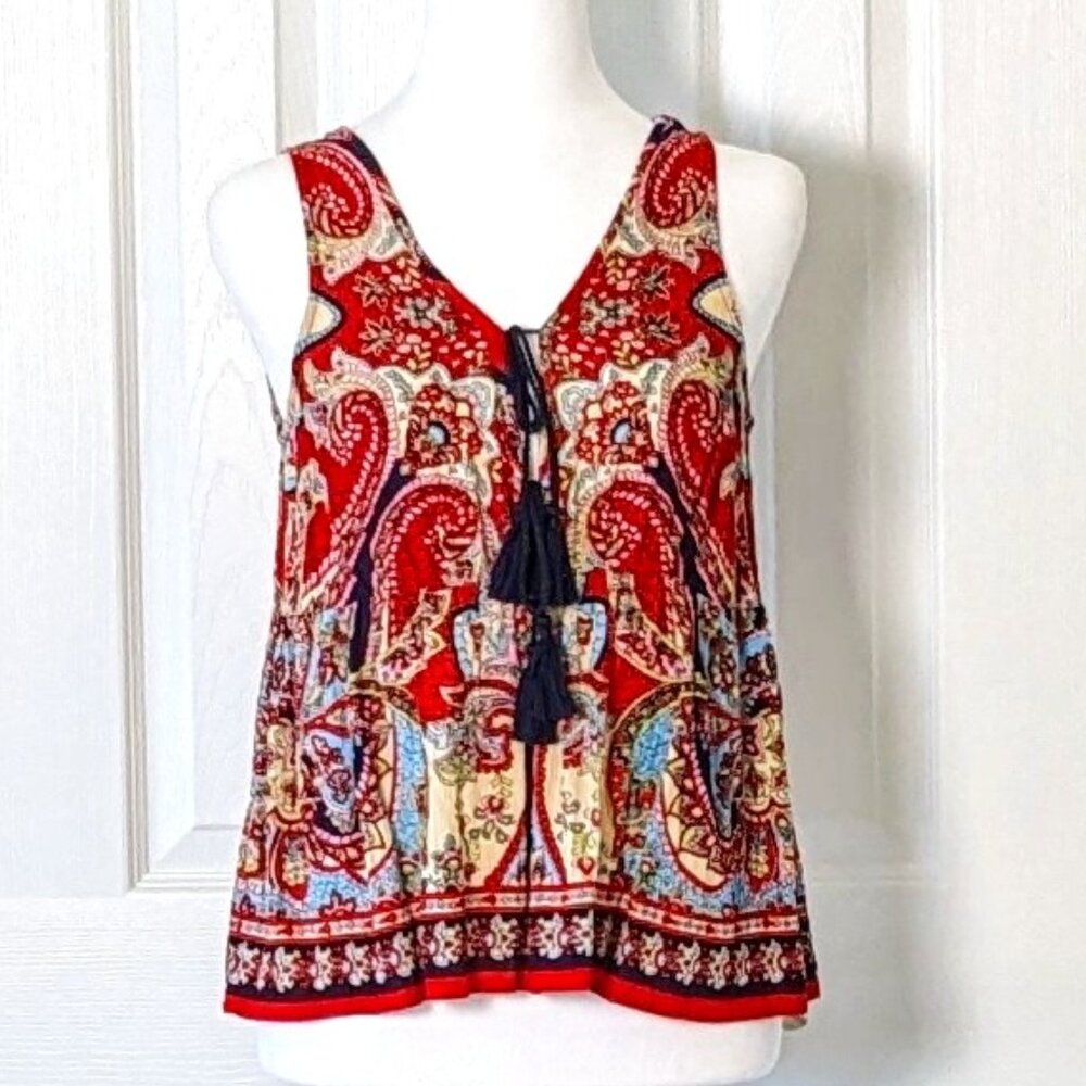 PATRONS OF PEACE Women's Sleeveless Top Blouse  Size S  Red Multi Print